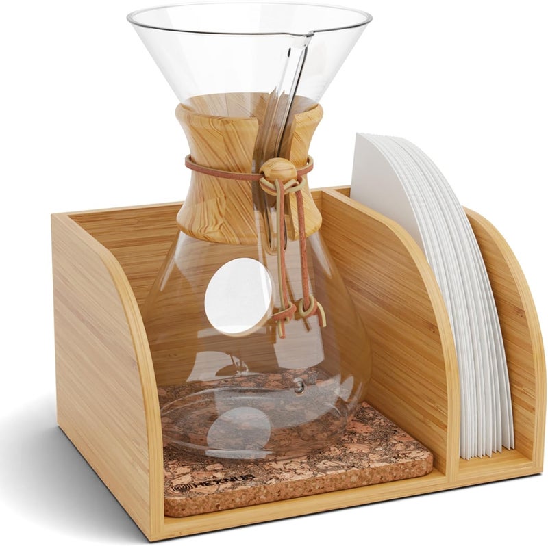 HEXNUB – Caddy for Pour Over Coffee Maker, Bamboo Stand fits Chemex, Bodum, Cosori Coffee Carafes, Heatproof Mat, Filter Holder for Drip Coffee Maker - Cork Mat - Image 1